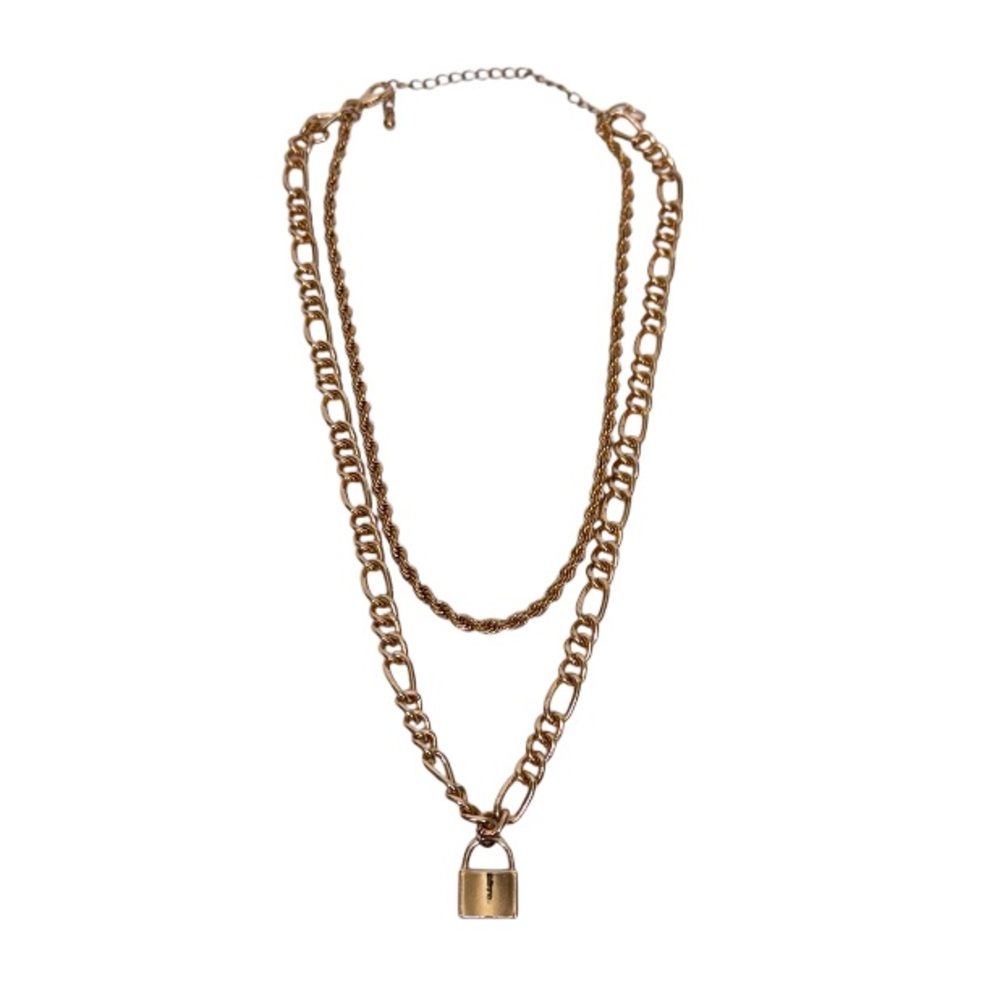 Gold Colored Double Chain Lock Necklace Adjustable Lobster Clasp Unbranded Nwot